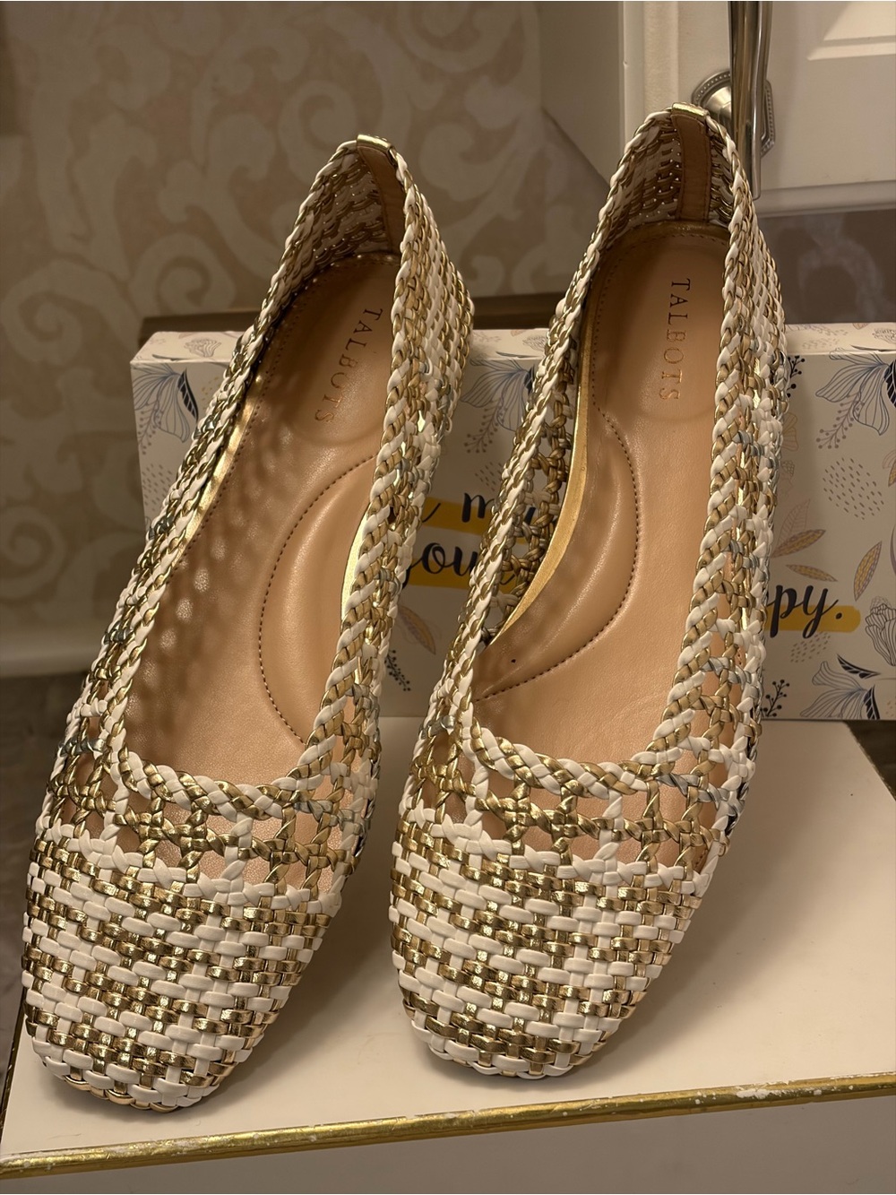Talbots Woven Ballet Flats in White and Gold Metallic